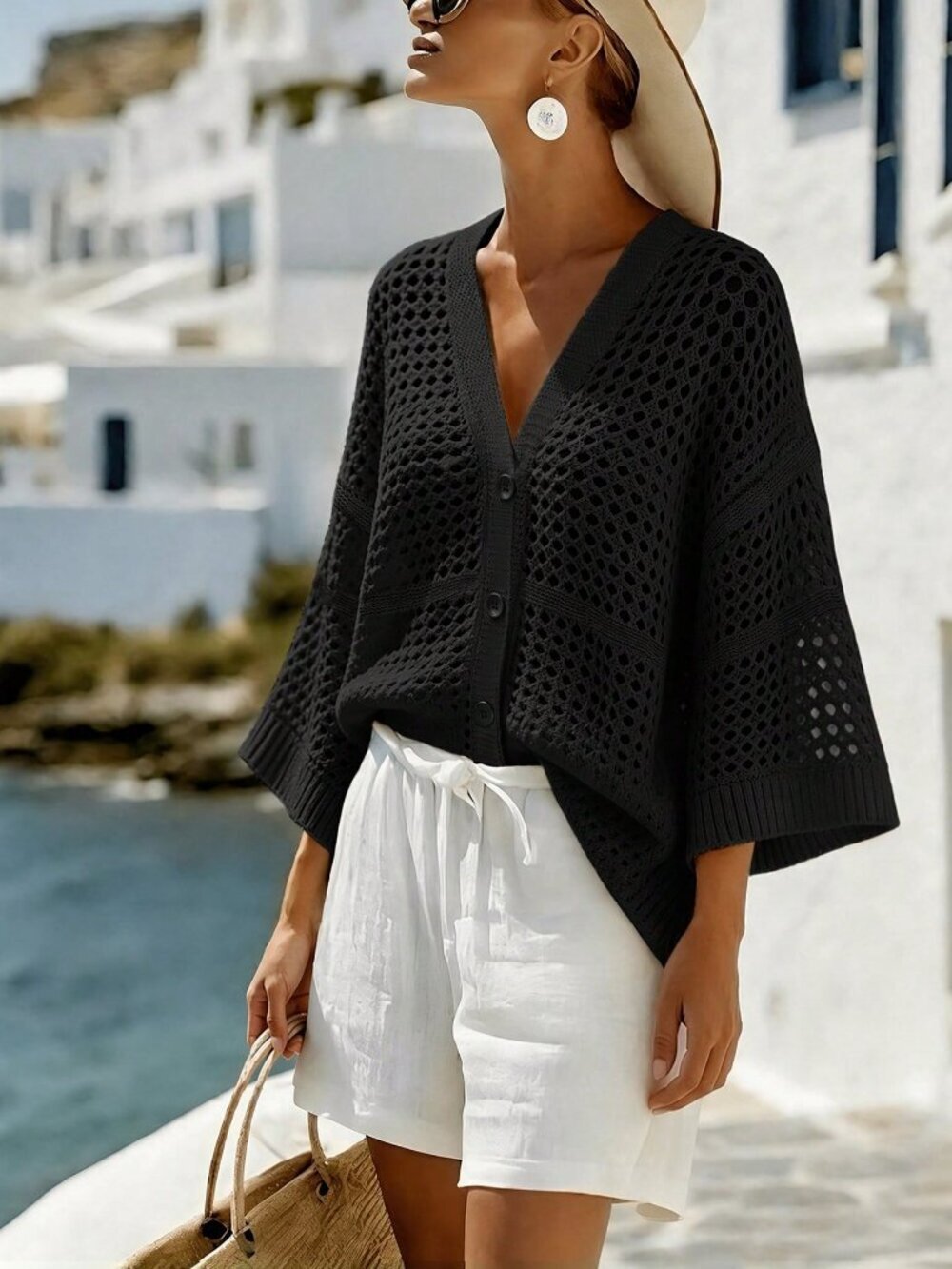 Black Casual Women's V-Neck Sleeveless Mesh Loose Cardigan